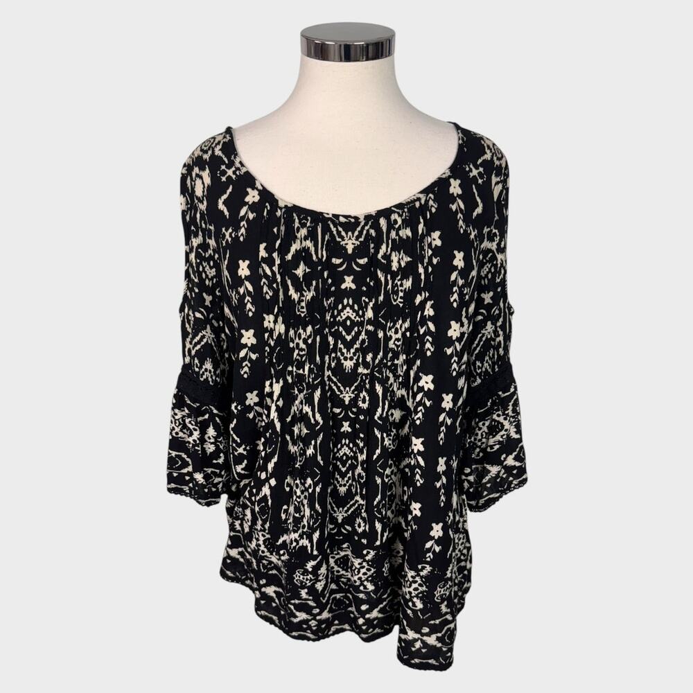bila Womens Small 3/4 Sleeve Blouse Black White Print 100% Rayon